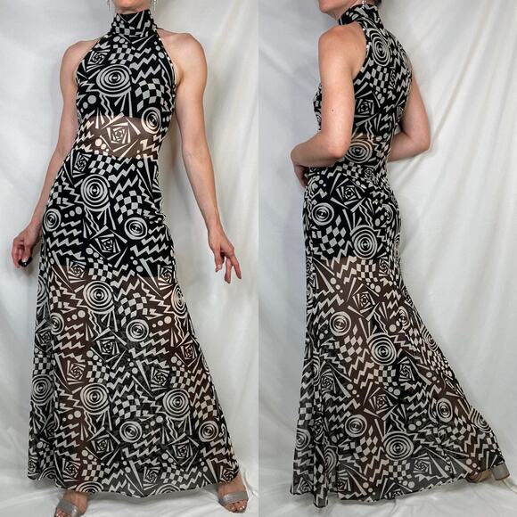 Cache geometric mesh maxi dress sheer Tadashi vintage 90s prom formal cocktail S - Picture 15 of 15